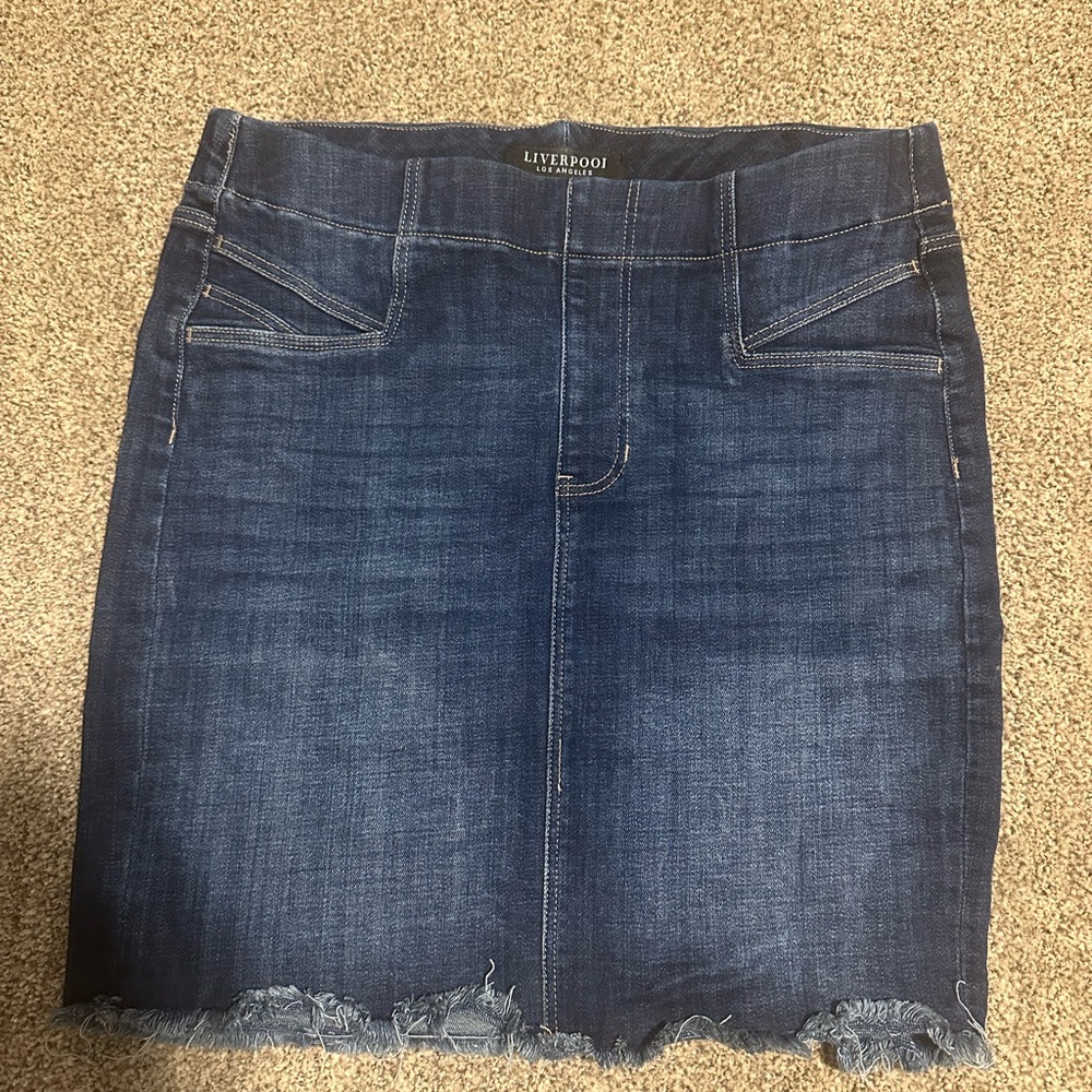 Liverpool Women's Frayed Hem Denim Mini Skirt - Dark Blue